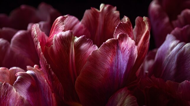 Deep magenta and purple parrot tulips reveal intricate petal textures against a dark background - Powered by Adobe