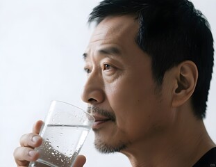 adult man drinking a glass of mineral water, isolated on white background