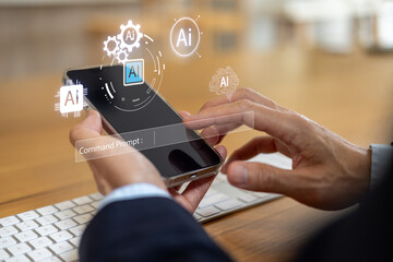 Close-up of businessman using smartphone with AI interface graphics, illustrating artificial intelligence integration, mobile command prompt smart technology in business.