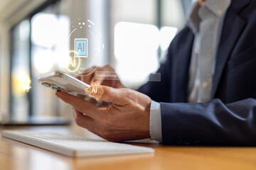 Close-up of businessman using smartphone with AI interface graphics, illustrating artificial intelligence integration, mobile command prompt smart technology in business.
