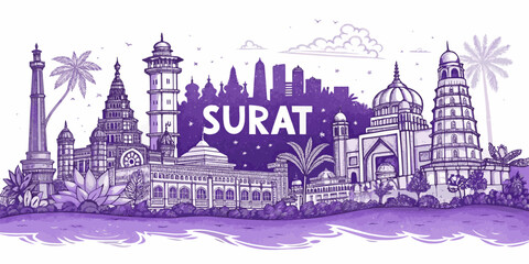 Surat Skyline Sketch with Iconic Landmarks and Cultural Heritage for Tourism Promotion | Hand-drawn Cityscape Art for Travel Branding