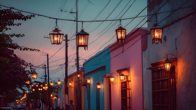 Numerous illuminated antique lanterns hang above a colorful street during twilight hours