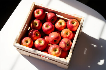 Wooden Crate Filled with Fresh Red Apples: Close-Up Still Life of Healthy Fruit Harvest, Rustic Farm Produce, Bright Sunlight, Food Photography