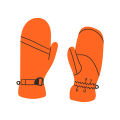Orange mittens on white background. Hand drawn vector illustration for web , banner or social media . Winter mitten for ski or snowboard sport .