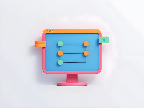Colorful 3d rendered computer monitor displaying a simple flowchart or diagram