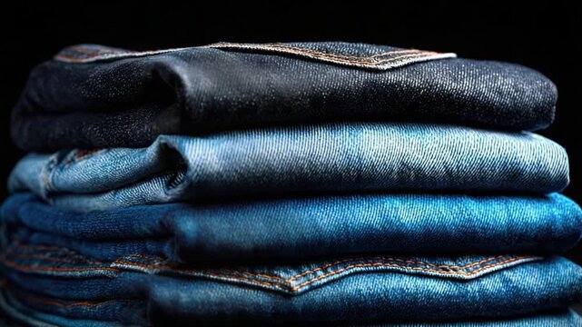 A stack of folded denim jeans in varying shades of blue, dark background