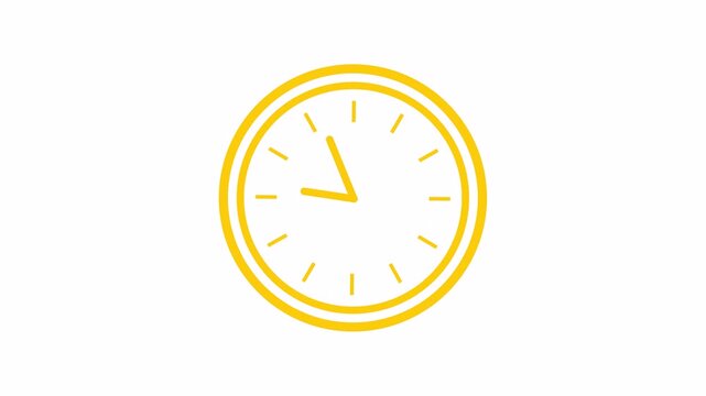 Yellow Outline Wall Clock Animation Counting Down Time, Office Hours Timer Timelapse Loop on White Background