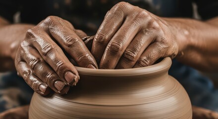 Close-up of male hands shaping clay on pottery wheel in artistic workshop