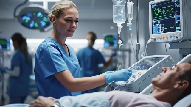 Healthcare worker monitoring patient on ICU bedside equipment in modern hospital ward showing vitals teamwork safety protocol and professional care​. Nurse checks vital signs beside a patient in icu