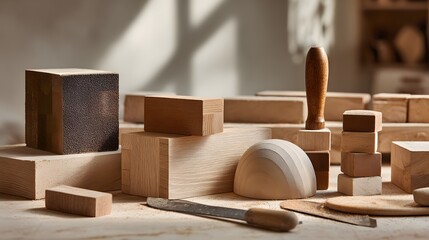 Assortment of various shaped wooden blocks and carving tools arranged on a workbench in a workshop setting