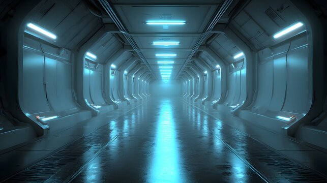Endless futuristic corridor illuminated by bright cyan light fixtures creates a dramatic vanishing point