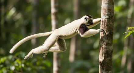 Obraz premium Sifaka lemur leaping in lush madagascar forest