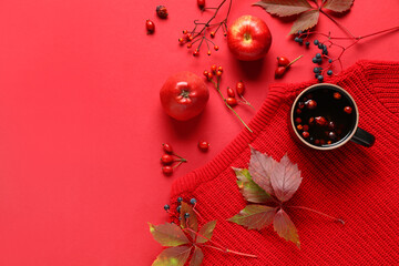 Composition with mug of hot berry tea, sweater and apples on red background