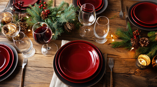 A Christmas dinner table set with festive plates and glasses, with space for text above. Merry Christmas and Happy Holidays greeting card, frame, and banner. New Year. Noel. Winter Christmas theme.