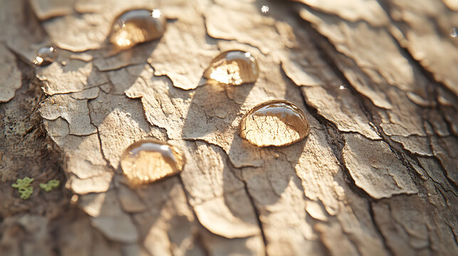 Close-up of tree bark with resin droplets glistening in sunlight - Powered by Adobe