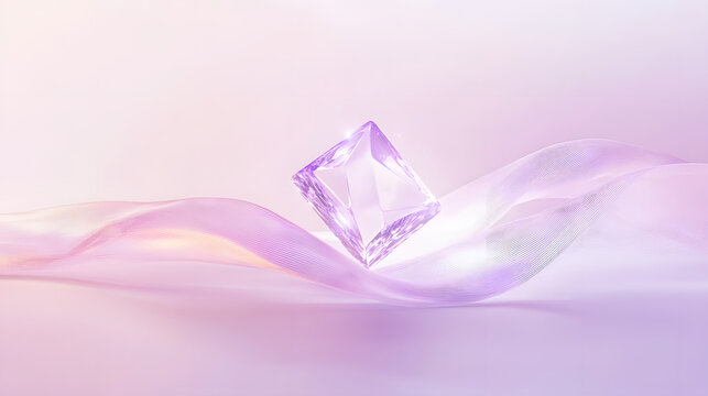 A translucent crystal cube resting on a flowing, pastel-colored fabric with soft lighting.