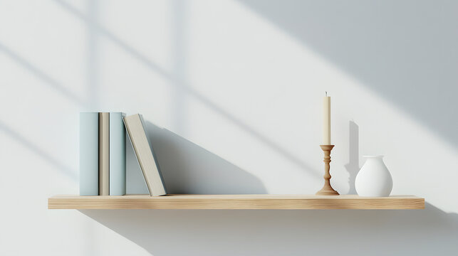 Minimalist wooden shelf with books, bowl, and candle against a neutral wall