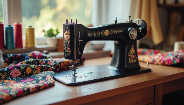 Vintage sewing machine with floral details and vibrant fabric showcases timeless craftsmanship and