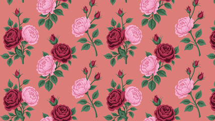 Fototapeta premium Seamless pattern of pink and red roses on a coral background