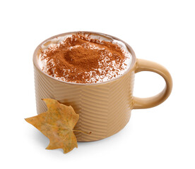 Beige mug with hot coffee isolated on white background, closeup