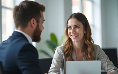 Obraz premium Two busy professional business people working in office with laptop computer. Middle aged female executive manager talking to male colleague having conversation sitting at workplace. Vertical