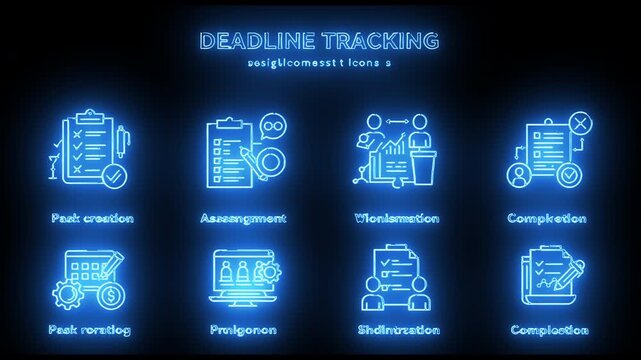 Deadline tracking neon infographic showing calendar, alarm clock, and project task icons - Powered by Adobe