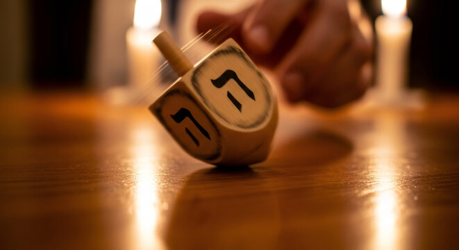 Man spinning dreidel during Hanukkah celebration. Jewish holiday family traditions and festive games. Cultural and religious event concept.