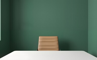 Home office desk with dark green wall and white table mock up. High quality