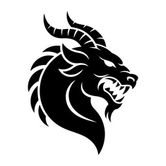 black silhouette of a chimera dragon head with fierce eyes horns and sharp fangs in bold style