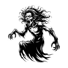 black and white vector illustration of screaming ghostly  spirit with long hair and sharp claws