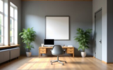 Gray and wooden open space office blurred. High quality