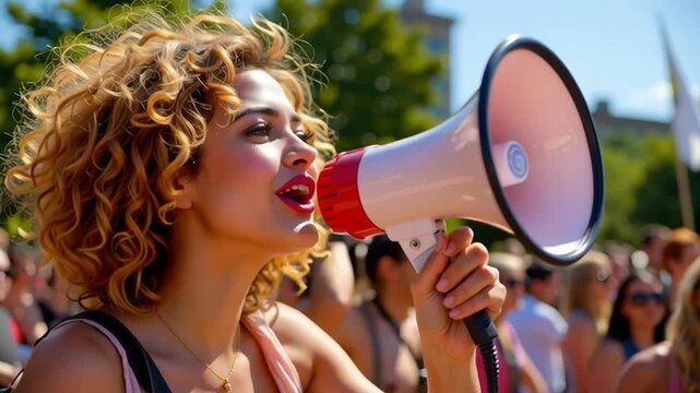 Young woman with megaphone leading outdoor protest rally crowd, passionate protest speaker with curly hair smiling in summer sunlight