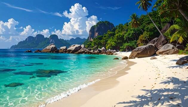 A scenic coastal view showcasing turquoise water, white sand, lush greenery, and rocky outcrops under a clear blue sky