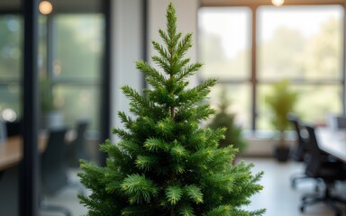 Evergreen tree or bush over blurred background in office. High quality