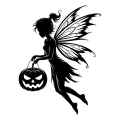 black and white silhouette vector of fairy holding halloween pumpkin lantern with wings fantasy design
