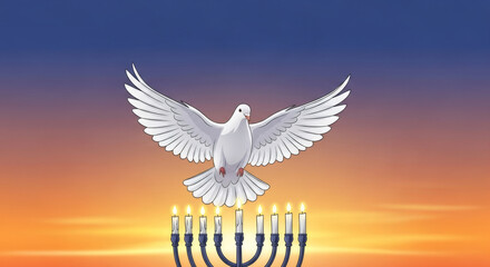 Fototapeta premium White dove flying above menorah with lit candles. Hanukkah spiritual concept with peace symbol. Jewish holiday celebration for greeting card.