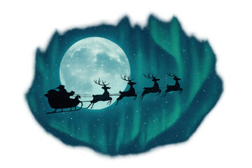 Santa claus flying sleigh and reindeer team silhouetted against a full moon, night sky with aurora borealis, transparent background