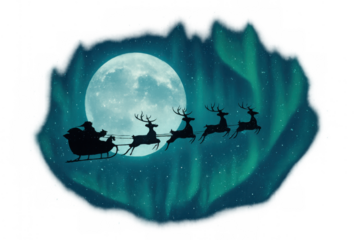 Santa claus flying sleigh and reindeer team silhouetted against a full moon, night sky with aurora borealis, transparent background