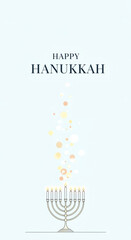 Fototapeta premium Happy Hanukkah greeting sign with menorah and golden lights. Jewish festival holiday celebration and traditional ritual concept for card.