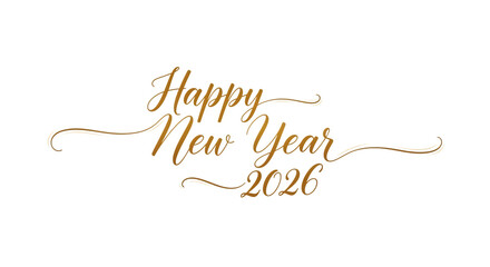 Happy New Year 2026 text, elegant golden script, cutout, PNG isolated on white or transparent background