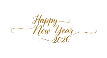 Happy New Year 2026 text, elegant golden script, cutout, PNG isolated on white or transparent background
