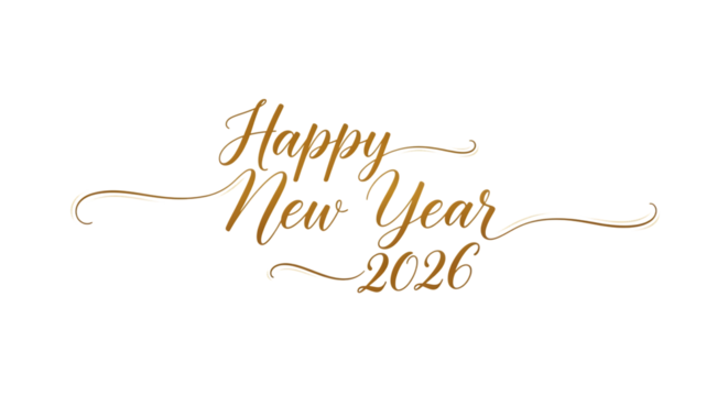 Happy New Year 2026 text, elegant golden script, cutout, PNG isolated on white or transparent background