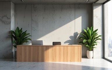 Interior of modern office waiting room with gray walls concrete floor wooden reception desk and green plants, ai generative. High quality