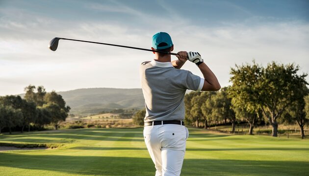 Golfer tees off against a scenic landscape with blue sky and green fairways, concept for sports advertising, luxury lifestyle and golfing tournament promotion