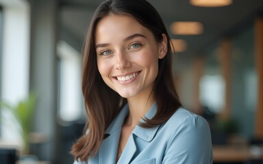 Portrait of a young businesswoman looking at the camera in an office. High quality