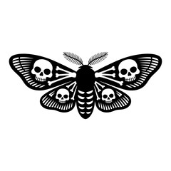 black and white silhouette vector of skeletal moth with skull patterns on wings gothic horror design
