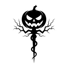 black and white silhouette vector of demonic pumpkin head with lightning branches halloween horror design