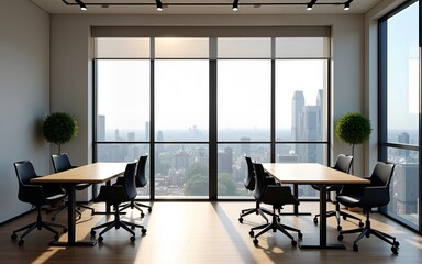 Modern coworking office room with equipment, city view. High quality