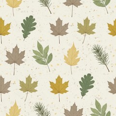 Fototapeta premium Autumn leaves seamless pattern featuring maple, oak, and pine leaves in various shades of green, yellow, and brown on a beige background