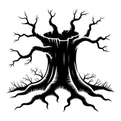 black and white silhouette vector of monstrous hollow tree with twisted roots and branches horror design